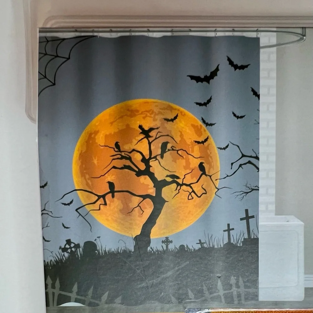 Halloween Harvest Moon Fabric Shower Curtain Metal Hooks Graveyard Ravens Bats - Picture 8 of 8